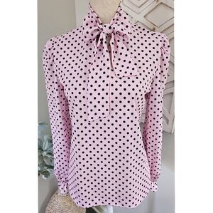 Vintage Pink Polka Dot Bow tie Long leeve Shirt Blouse
